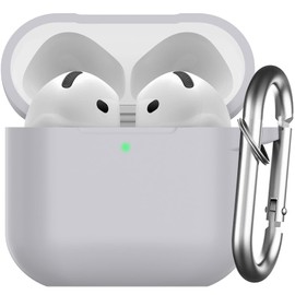 Nemteur für AirPods 4 Hülle 2024, Schützende Silikon Case für AirPods 4th 2024 Skin Front LED Sichtbar Silikon Hülle mit Karabiner, Grau