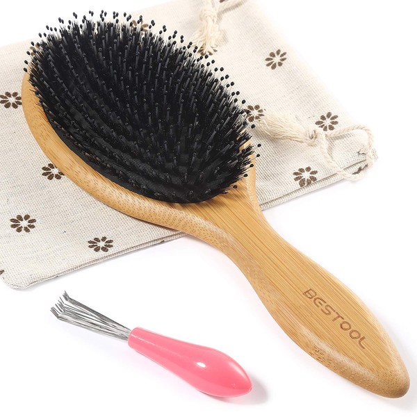 BESTOOL Hair Brush, Antistatic Boar Bristles, Hair Brush with Nylon Pencils, Professional Bamboo Paddle Brush for Hair Detangling and Improving Hair Texture l Round