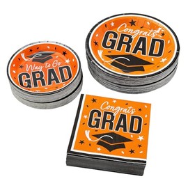 Fun Express Bulk 150 Count Orange Congrats Grad Graduation Party Disposable Tableware Kit for 50 Guests