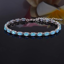CiNily Blue Fire Opal Tennis Bracelet for Women 14K White Gold Plated Adjustable Oval Shape Gemstone Bracelet Opal Jewelry