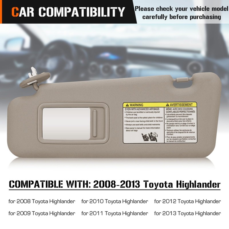 Sun Visor with Light for 2008-2013 Toyota Highlander, Left Driver