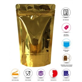 Rightpak Stand Up Pouches 50 Pieces 13cm x 21cm, Gold Shiny Heat Sealable Tear Notches Smell Proof for Food Storage With Ziplock