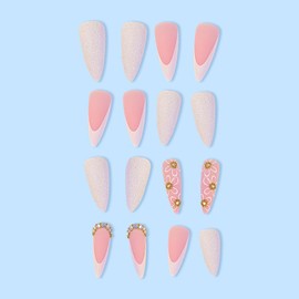 Flower Press on Nails White French Tip Fake Nails Long Stiletto False Nails with Rhinestone Design Nude Glue on Nails Glossy Artificial Acrylic Full Cover Glitter Stick on Nails for Women Manicure