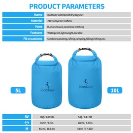 ioutdoor Dry Bag Set,2L/5L/10L/20L Waterproof Dry Bags Lightweight Dry Sacks Set Waterproof Canoe Bags for Rafting Hiking Camping Travel Fishing Boating(Blue 5L+10L)