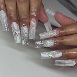 Long Coffin Press on Nails Winter Fake Nails with Designs Glossy Bow False Nails Snowflake White Nails Press on Acrylic Nails Glitter Square Glue on Nails Rhinestone Christmas Stick on Nails for Women