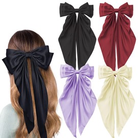 4 Pcs Large Satin Ribbon Hair Bows for Women, Long-Tail Coquette Bow Hair Clips, Oversized Cute Silk Bow Barrettes Hair Accessories Girls Teens (Style B)