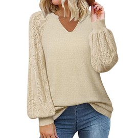 Messic Women's Vneck Sweaters, Sweaters For Women 2024 Trendy Cute Sweaters for Women Causal Lightweight Sweater Tops For Leggings Solid Color Loose Knit Tops Sweater For Women Spring Beige XXL