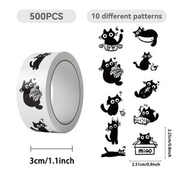 500PCS Black Cat Stickers for Kids 10 Styles Sticker Rolls Cartoon Cute Cat Stickers Cat Party Favors Waterproof Vinyl Stickers(500 Per Roll)