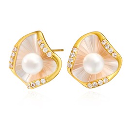 Cicy Bell 18k Gold Plated Earrings for Women Cubic Zirconia Shell Pearl Elegant Irregular Stud Earrings for Gifts