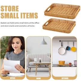 2 Pack Rectangle Rattan Serving Trays with Handles, Decorative Woven Wicker Organizer Baskets Storage Tray for Coffee Table, Bread, Fruit, Snacks
