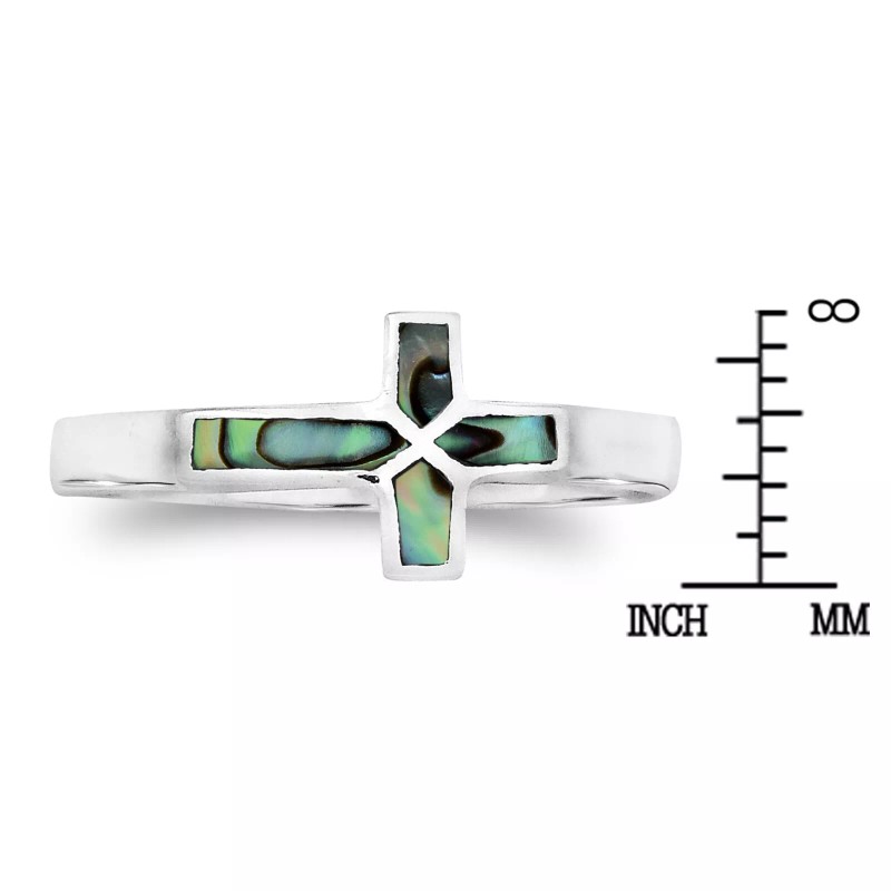 AeraVida Sideways Cross Rainbow Abalone Shell Sterling Silver Ring-6