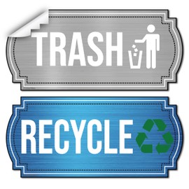Recycle and Trash Stickers for Kitchen Trash Cans and Recycling Bins, Indoor Trash and Recycle Sticker Combo for Garbage Can Logo Symbol, Blue & Gray Decals, 6.5" x 3" Elegant Style with Split-back
