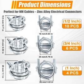 20 Pack 1/2" 3/4" 1" Cable Connectors for Romex, Zinc Alloy Wire Clamps