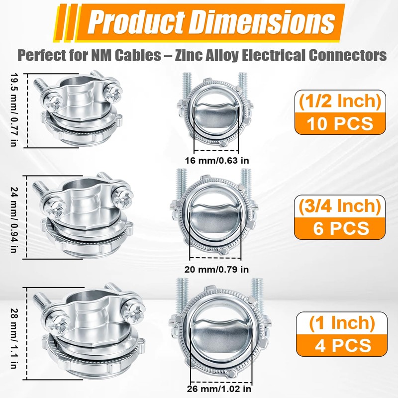 20 Pack 1/2" 3/4" 1" Cable Connectors for Romex, Zinc