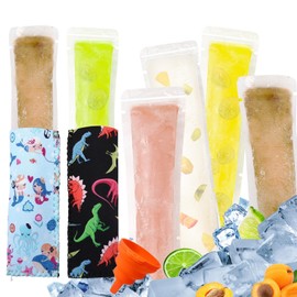 FEBSNOW 100 Disposable Ice Popsicle Bags with 2 Popsicle Sleeves, Neoprene Freezer Ice Pop Holder and Freezer Tubes with Zip Seals for Snacks, Yogurt Sticks Fruit Smoothies Comes with A Funnel