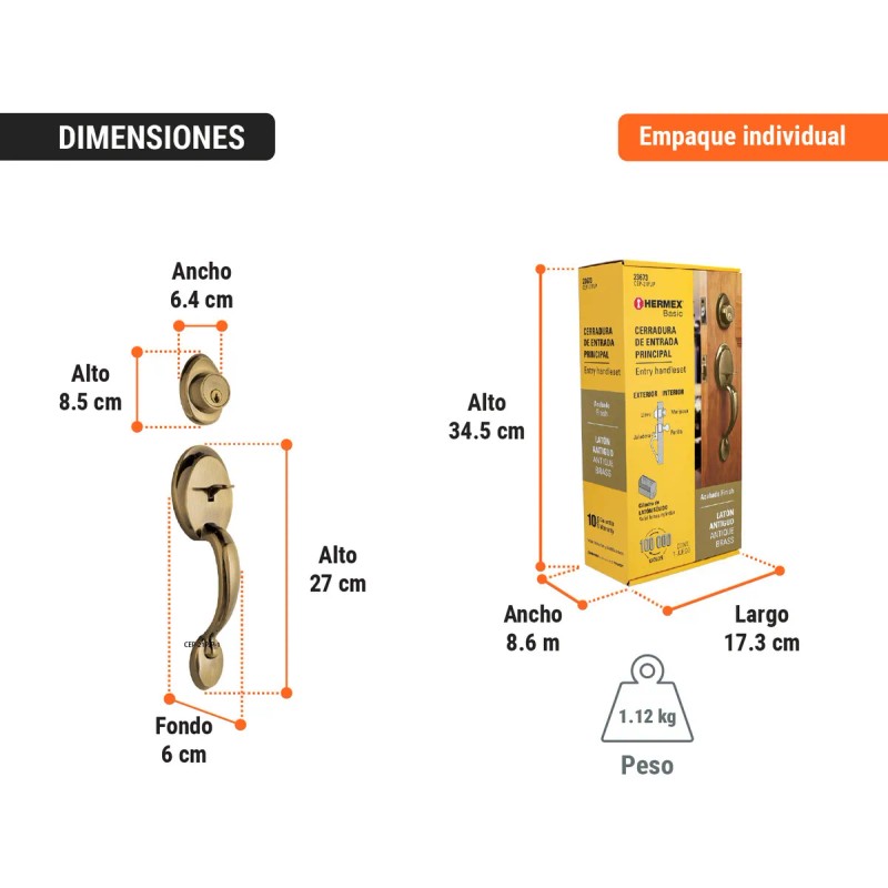 Cerradura para puerta abatible Hermex Basic CEP-21PJP derecha/izquierda acabado latón