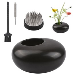 WANDIC Flower Arrangement Accessories Round Flower Frog and Ceramic Flower Pot Shiny Black Pebble Flower Pot for Ikebana Flower Art Home Office Decoration