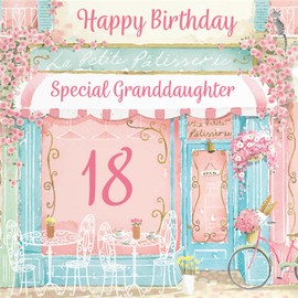 Hunts England - 18th Granddaughter La Petite Patisserie Birthday Card - Charming Pink Bakery, Pretty French Cafe Female Floral Design - Age 18 Happy Birthday Granddaughter Card - Milo's Gallery