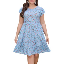 Keluummi Plus Size Summer Midi Dresses for Curvy Women, Casual A-Line Sundress with Short Sleeves and Pockets(18 Plus, 04 - Light Blue Floral)