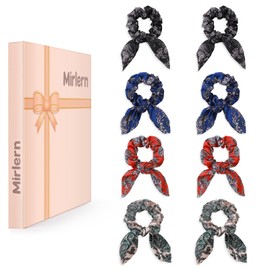 Mirlern 8-Piece Bows Satin Hair Scrunchies for Women and Girls, Bunny Ears Elastic Hair Ties No Damage Ribbon Ponytail Holders Hair Accessories (Patterned Style)