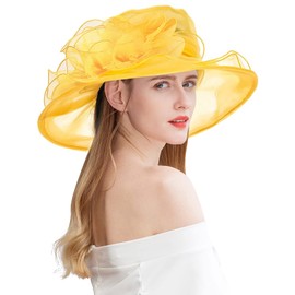 ELLYDOOR Women Organza Fascinator Hats for Wedding Cocktail Fancy Floral Derby Church Hat Wide Brim Sun Caps Yellow