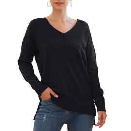 PCEAIIH Women's Jumpers Casual Lightweight V Neck Batwing Sleeve Knit Top Loose Pullover Sweater (S, Black)