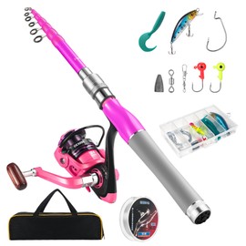 Castaroud Lady Telescopic Fishing Pole Kit, Carbon Fiber Pink Fishing Rod and Reel Combos with Spinning Fishing Reel Tackle Box for Ladies Fishing Girls Fishing Pole