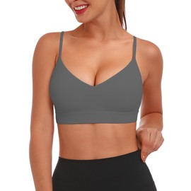 Buauty V Neck Sports Bra for Women, Padded Push up Women's Sport Bras Adjustable Thin Straps, Light Support Yoga Camisole Basic Top, Low Impact Spaghetti Strap Sport Racerback Bras Grey XL