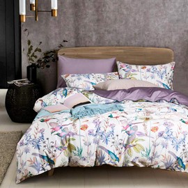 VM VOUGEMARKET Floral Duvet Cover Set,Sateen Cotton Bedding,Botanical Flower Leaves Bird Pattern Printed in Light Purple Lilac with Zipper Closure (3pcs, Queen Size)