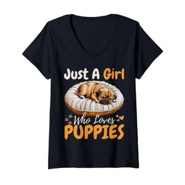 Womens Just A Girl Who Loves Puppies Pugs For Girls For Dog Lover V-Neck T-Shirt