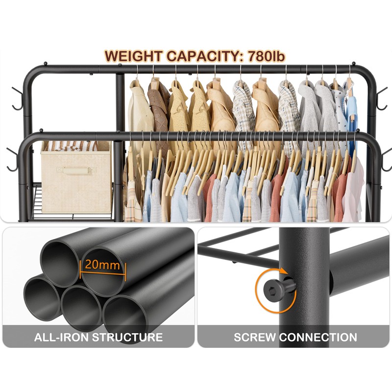 Double Rods Clothes Rack Clothing Rack with 4 Tier Storage