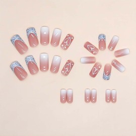 Heart Press On Nails Medium Square Fake Nails Glitter Glossy Acrylic False Nails with Rhinestones Designs Ombre Pink Full Cover Press Ons Fall Winter Holiday Stick on Nails for Women 24Pcs