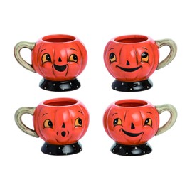 Johanna Parker Design Dolomite Set of 4 Jack O' Lantern Pumpkin Coffee or Tea Mugs