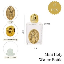 Set of 12 Rectangle Our Lady of Guadalupe Embossed Holy Water Glass Bottles with Toned Cap, Perfect for Religious Church Weddings, Baptism, Christening, First Communion (Gold)