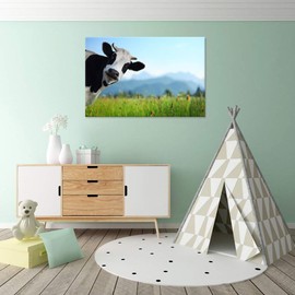 Hello Artwork Funny Cow Canvas Wall Art Farm Animal Green Meadow Picture Print for Farmhouse Home Bedroom Living Room Decor Ready to Hang 24x36inch