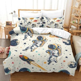 Tabeskly Kids Boy Astronaut Space Rocket Soft Zipper Bed Bedding Duvet Cover Set Single Beige 135×200cm