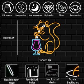 Squirrel Cocktail Neon Sign for Wall Decor Orange Squirrel Neon Light Bar LED Signs Animal LED Light for Bedroom Man Cave Business Club Game Room