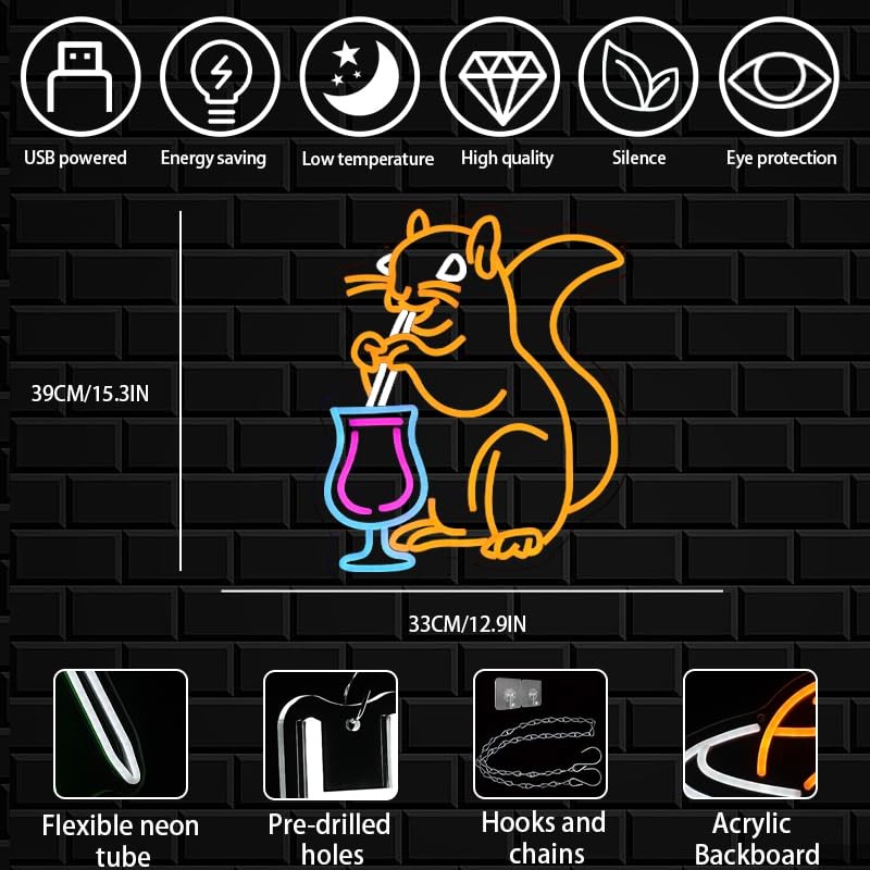 Squirrel Cocktail Neon Sign for Wall Decor Orange Squirrel Neon