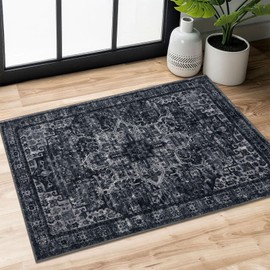 Siiloom 2x3 Black White Navy Washable Rug for Entryway, Soft Traditional Printed Area Rug, Non-Slip Kitchen Rugs, Low-Pile Medallion Indoor Door Mat, Small Farmhouse Carpet for Entrance Foyer Bedside