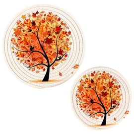 Boccsty Beautiful Autumn Tree Trivet Mat 2PCS Fall Orange Leaves Round Woven Potholders Kitchen Table Countertop Protector Hot Pads Farmhouse Coasters Counter Mats?for Cooking Baking