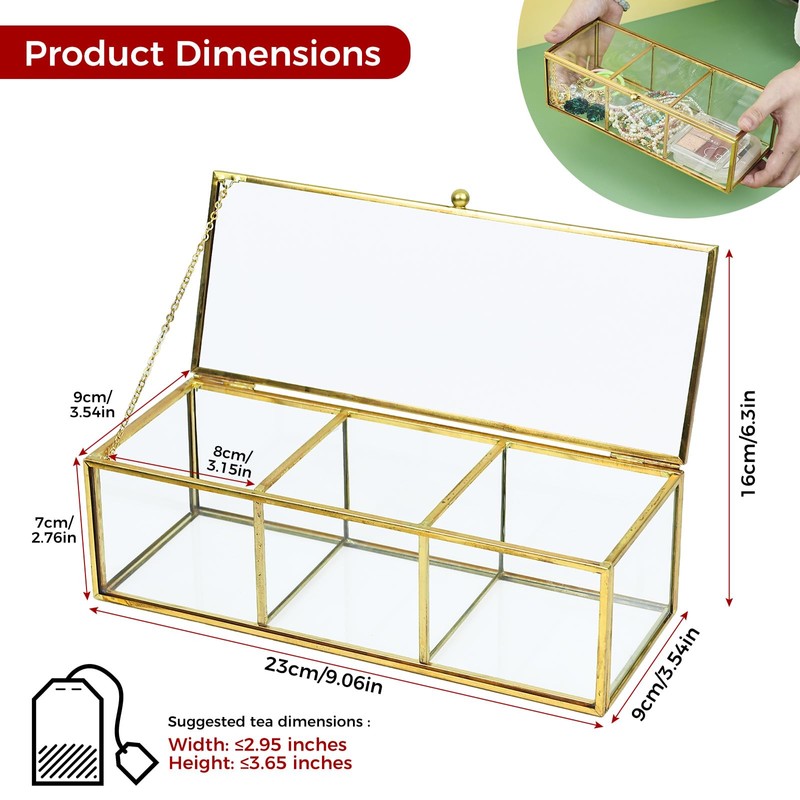 HighFree Gold Glass Tea Bags Box with 3 Compartments, Countertop