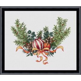 Christmas Wreath Cross Stitch Kit with DMC Threads & Fabric, Embroidery Pattern and Supplies for Unique Mantelpiece Display Art, Festive Holiday Baubles & Pine Cones tree HANDMADE