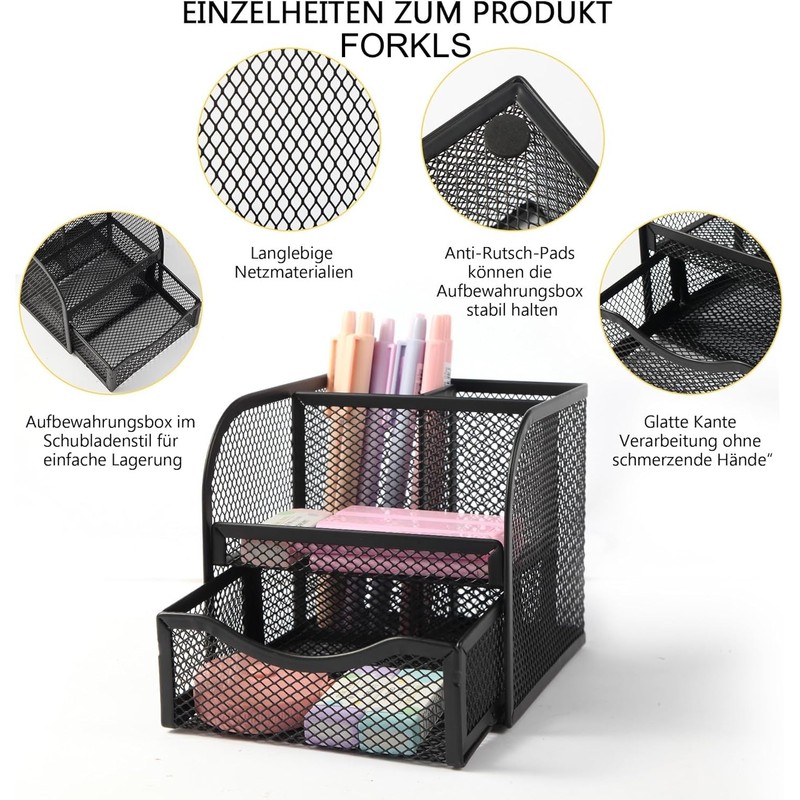 FORKLS Desk Organiser - Metal Mesh Pen Holder with 4