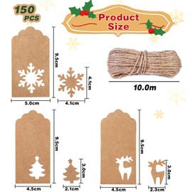 150 Pcs Christmas Gift Tags with String, Christmas Name Tags for Gifts, Christmas Tags Hang Labels Paper Tags Kraft with Christmas Tree, Snowflake, Elk Patterns with 10 m Twine for DIY Xmas (Brown)