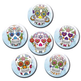 Fridge Magnets Skull Sugar Skull 6 Flowers Decorative Gift Set Magnets Funny for Women Children Strong Large 50 mm Round Colourful