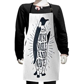Ambesonne Saying Apron, Penguin Waving His Flipper and Just Smile and Wave Text in The Belly, Small Apron Bib with Adjustable Ties for Baking Painting, Small Size, Dark Blue Grey and White