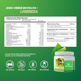 GreenPulse Super Greens Jugo Verde en Polvo Con Probióticos y Enzimas Digestivas - Espirulina, Fibra y Jengibre, 9.2 Kcal, Sin Azúcar, Sabor Frutos Tr