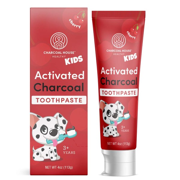 Activated Charcoal Toothpaste for Kids by Charcoal House | Non-Toxic, Teeth Whitening, Organic Cherry Flavor, Toddler Toothpaste, All Natural, Vegan, Fluoride Free