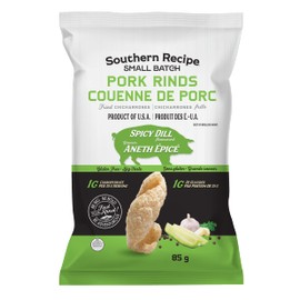 Southern Recipe Small Batch Pork Rinds | Spicy Dill Chicharrones | Keto Friendly, Gluten Free, Low Carb Food | 7g Collagen Per Serving | High Protein | 85g Bag