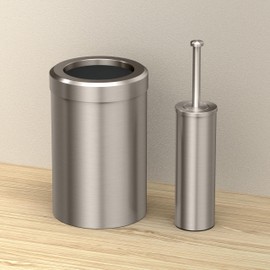 Gatco Small Bathroom Trash Can with Lid and Toilet Brush Set, Round 3 Gallon Stainless Steel Wastebasket, Under Sink, Satin Nickel, for Bathroom, Bedroom, Office (2976)